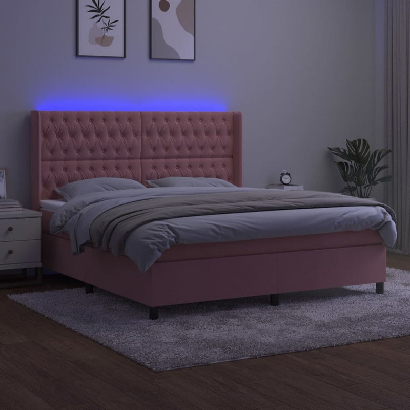 vidaXL rózsaszín bársony rugós és LED-es ágy matraccal 160x200 cm