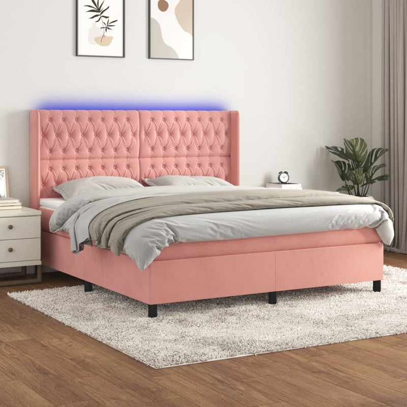vidaXL rózsaszín bársony rugós és LED-es ágy matraccal 160x200 cm