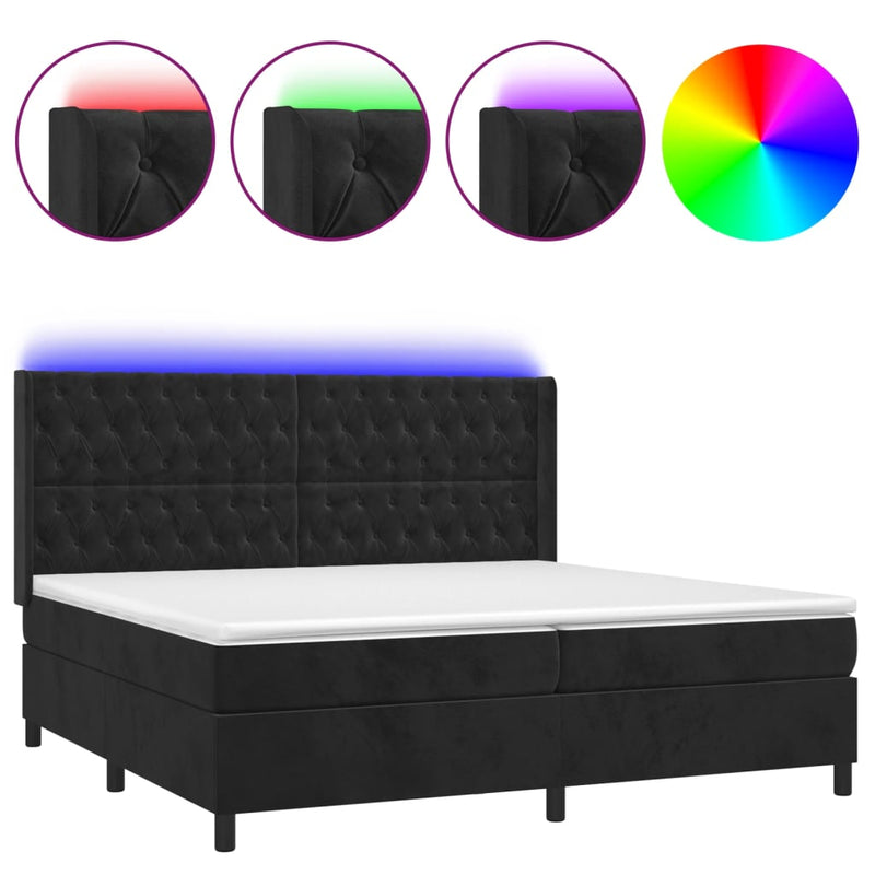 vidaXL fekete bársony rugós és LED-es ágy matraccal 200x200 cm