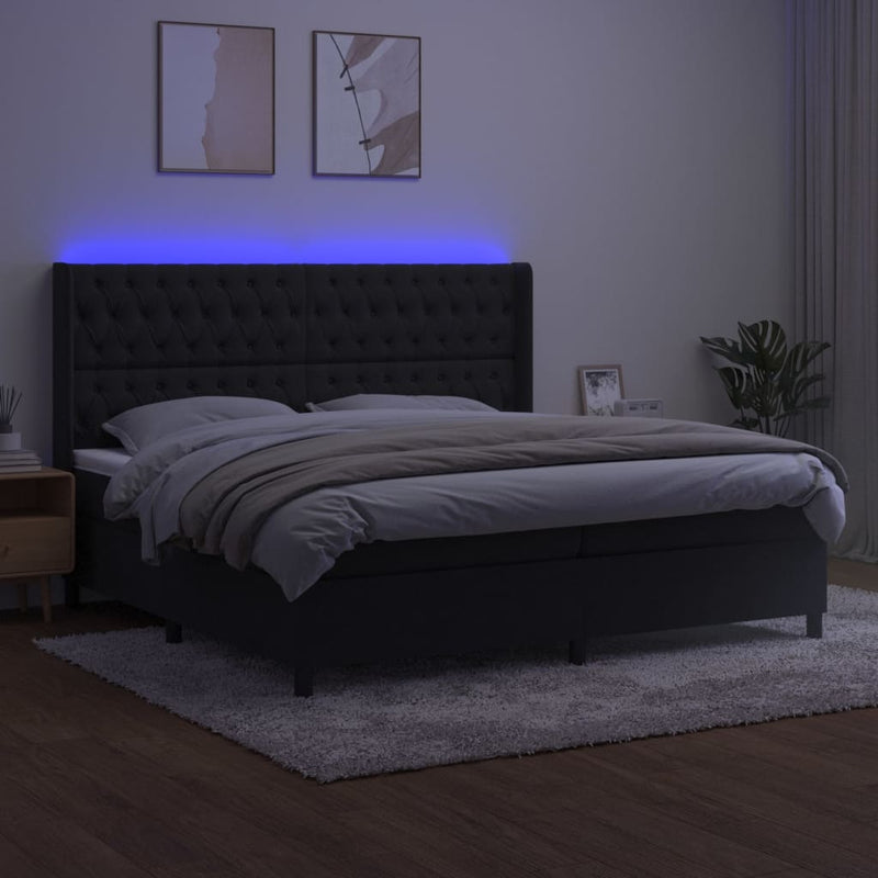 vidaXL fekete bársony rugós és LED-es ágy matraccal 200x200 cm