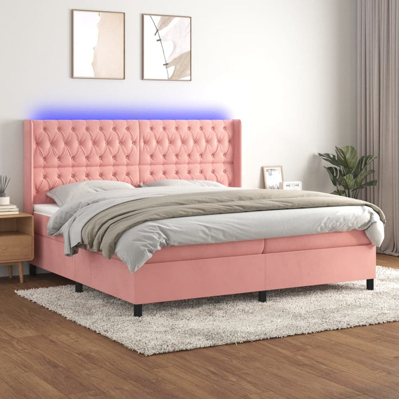 vidaXL rózsaszín bársony rugós és LED-es ágy matraccal 200x200 cm