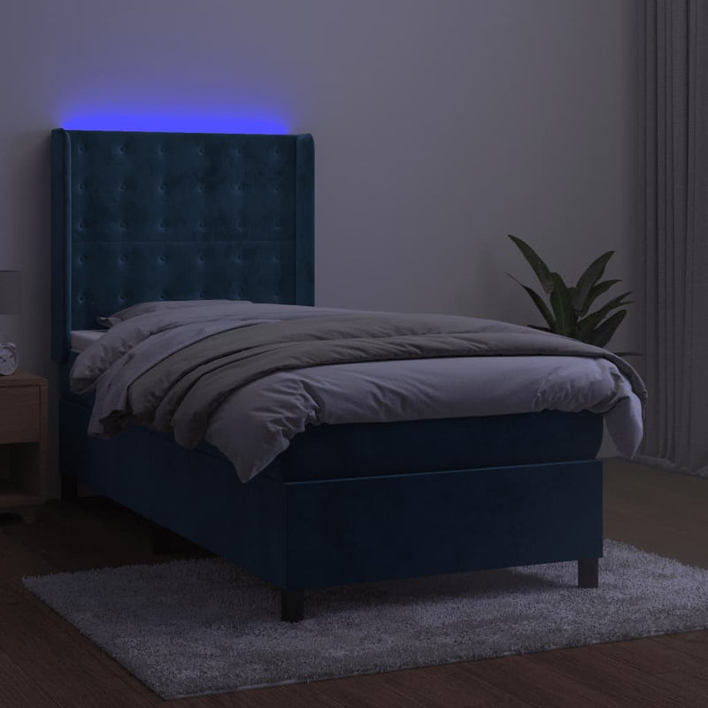 vidaXL sötétkék bársony rugós és LED-es ágy matraccal 90x190 cm