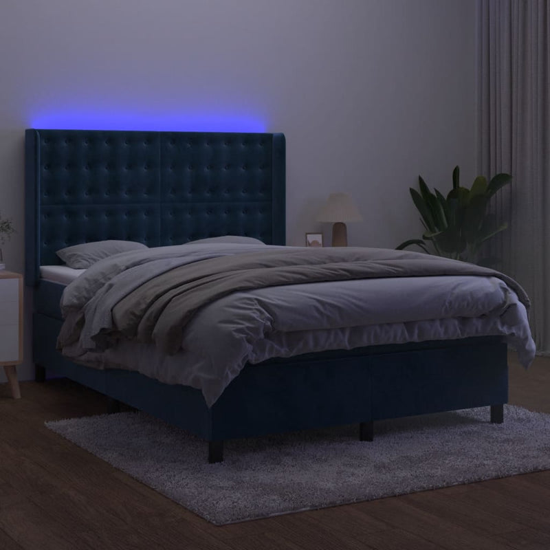 vidaXL sötétkék bársony rugós és LED-es ágy matraccal 140x190 cm