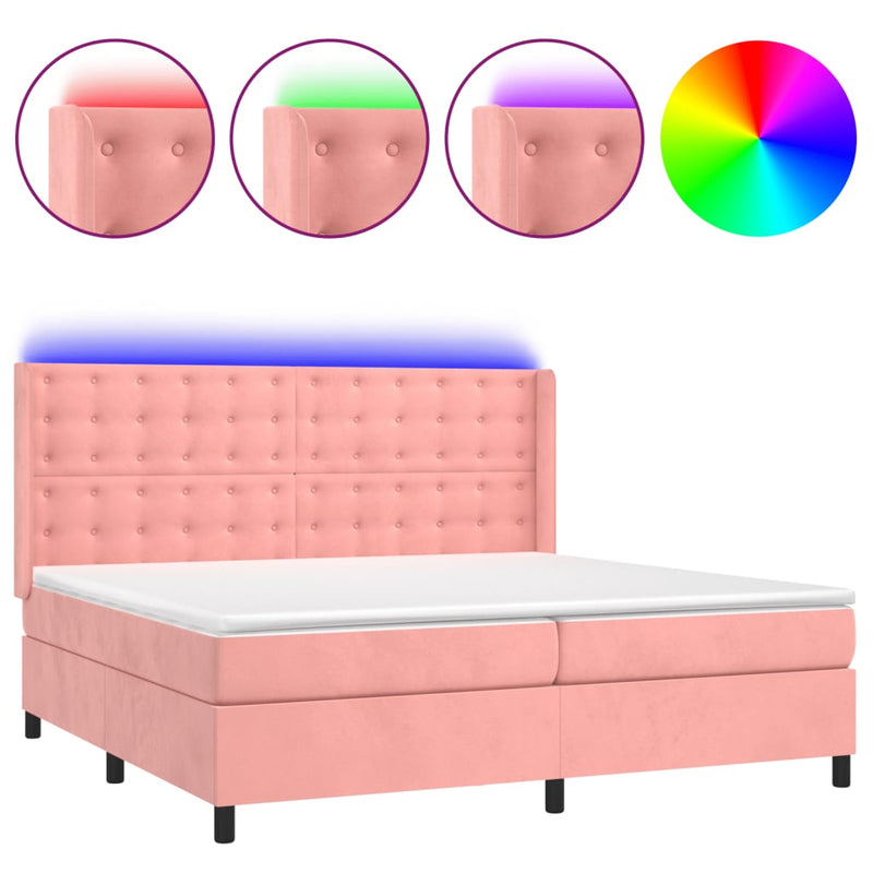 vidaXL rózsaszín bársony rugós és LED-es ágy matraccal 200x200 cm