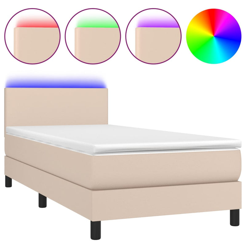 vidaXL cappuccino színű műbőr rugós ágy matraccal és LED-del 90x190 cm