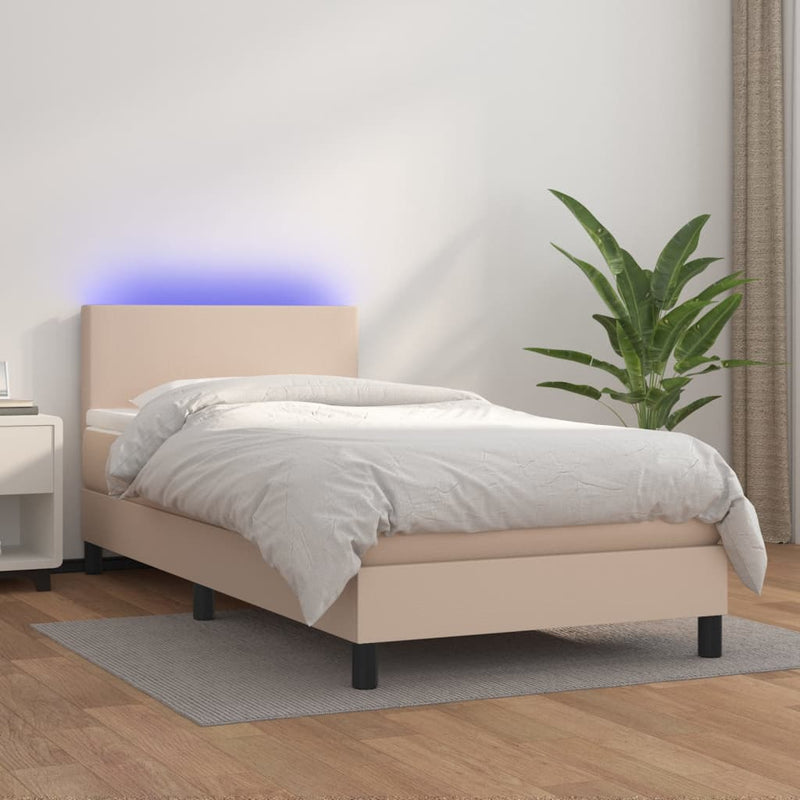 vidaXL cappuccino színű műbőr rugós ágy matraccal és LED-del 90x190 cm