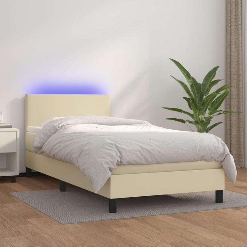 vidaXL krémszínű műbőr rugós ágy matraccal és LED-del 90x200 cm