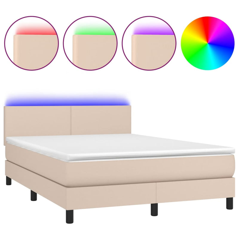 vidaXL cappuccino színű műbőr rugós ágy matraccal és LED-del 140x190cm