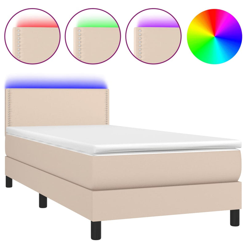 vidaXL cappuccino színű műbőr rugós ágy matraccal és LED-del 90x190 cm