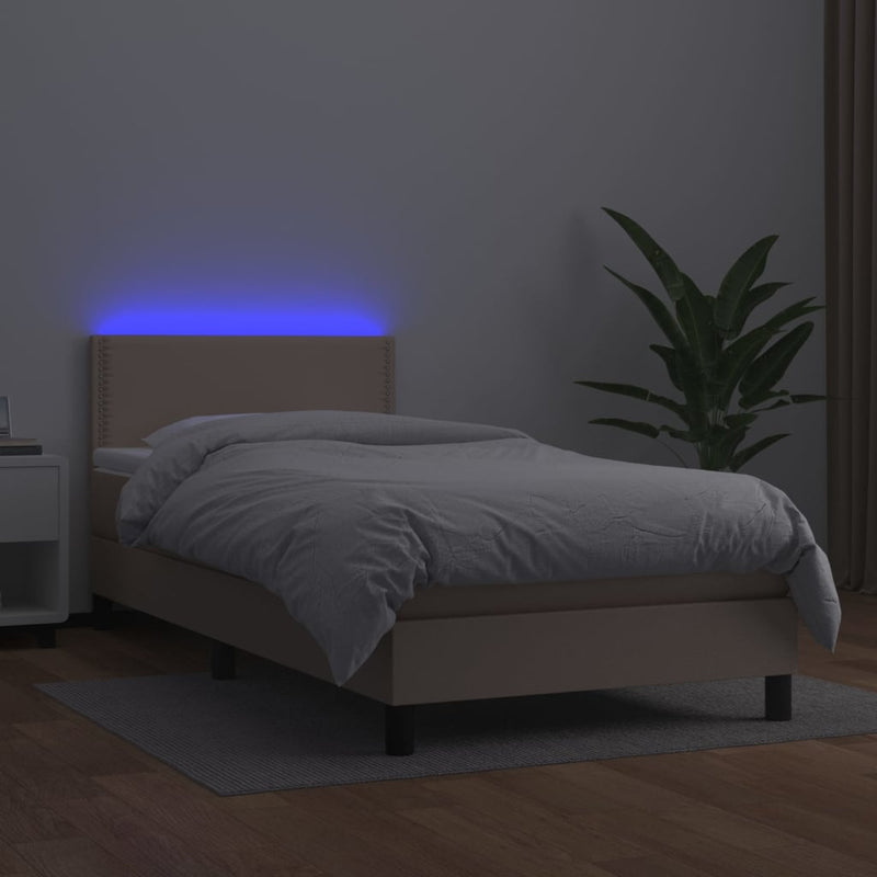 vidaXL cappuccino színű műbőr rugós ágy matraccal és LED-del 90x190 cm