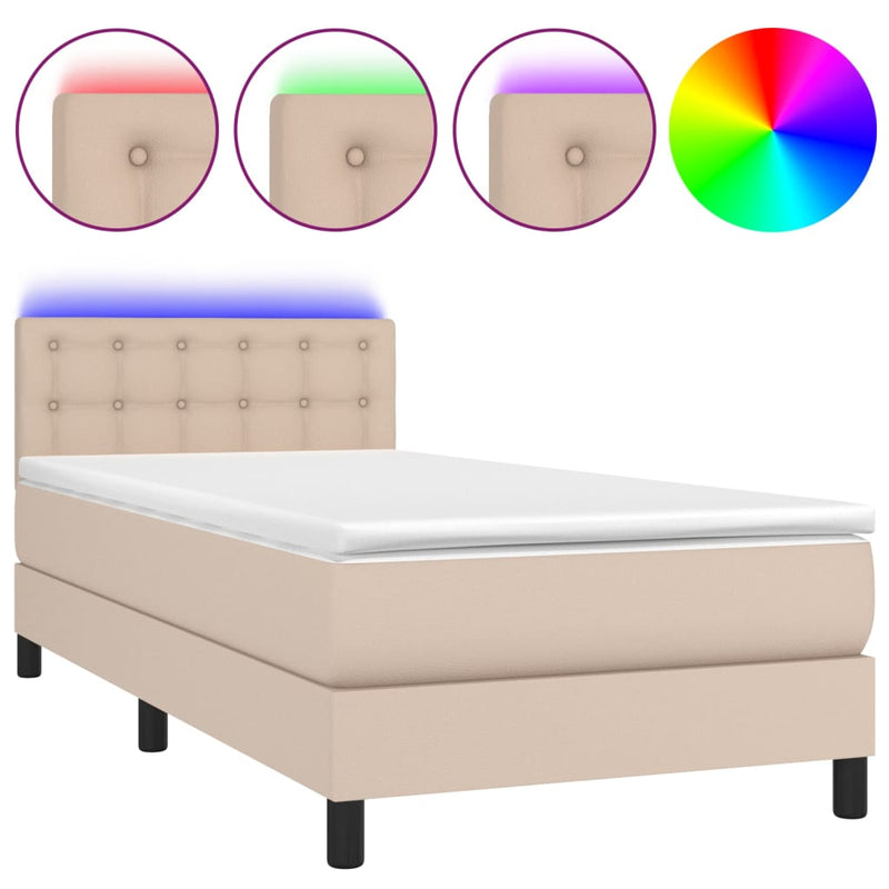 vidaXL cappuccino színű műbőr rugós ágy matraccal és LED-del 90x190 cm