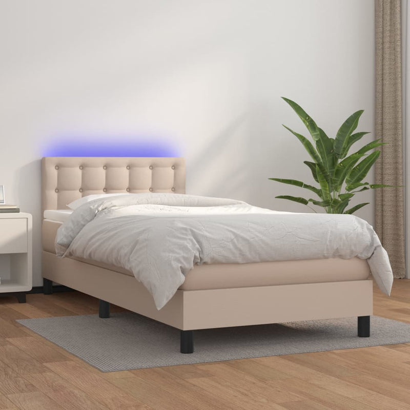vidaXL cappuccino színű műbőr rugós ágy matraccal és LED-del 90x190 cm
