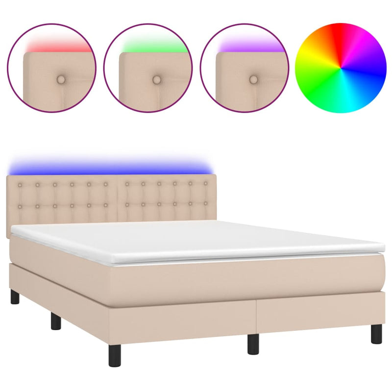 vidaXL cappuccino színű műbőr rugós ágy matraccal és LED-del 140x190cm