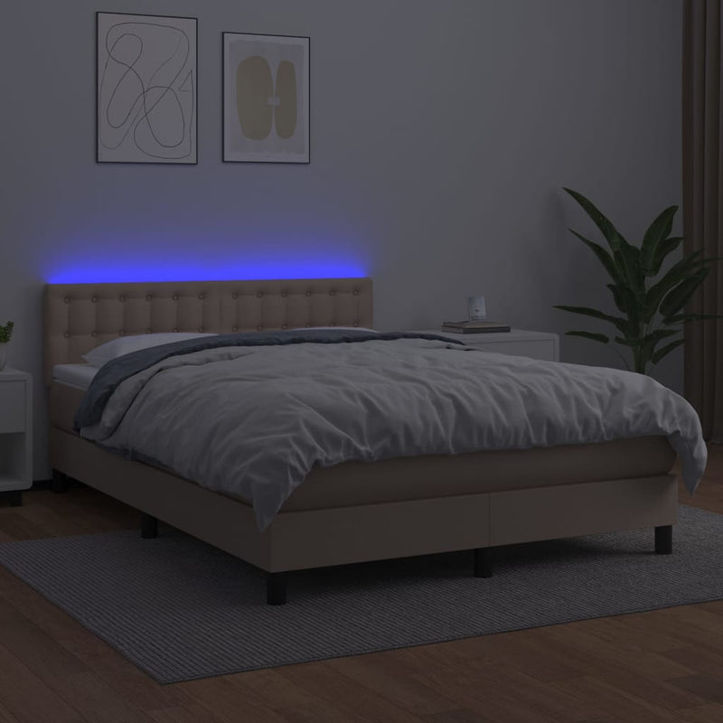 vidaXL cappuccino színű műbőr rugós ágy matraccal és LED-del 140x190cm