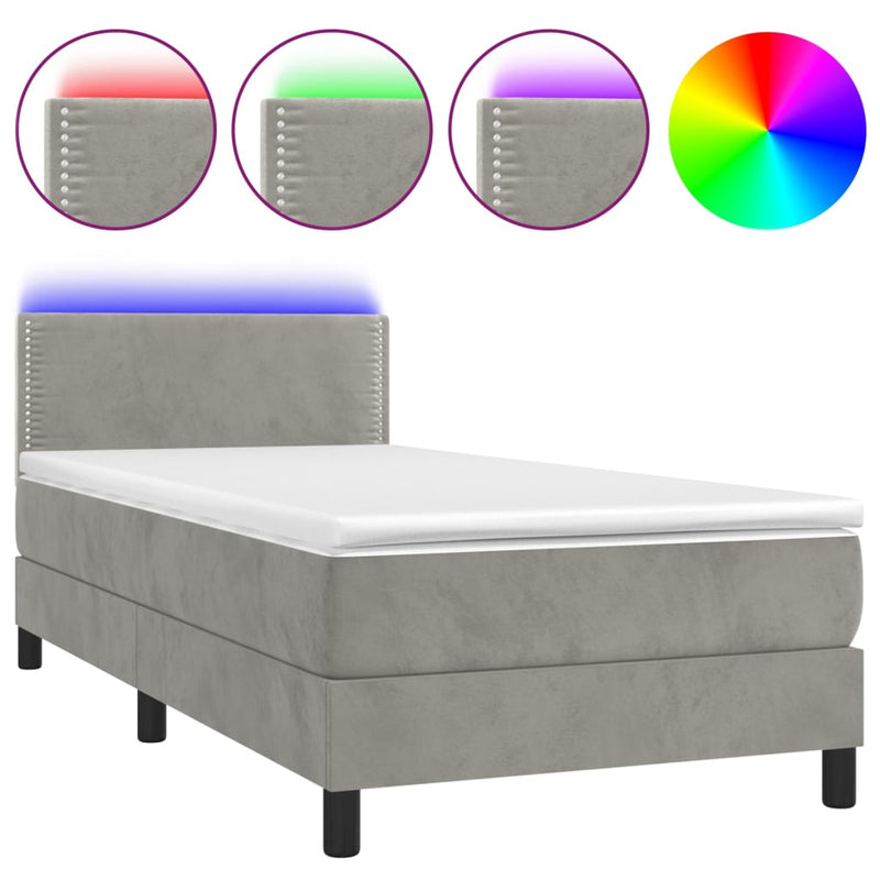 vidaXL világosszürke bársony rugós és LED-es ágy matraccal 100x200 cm