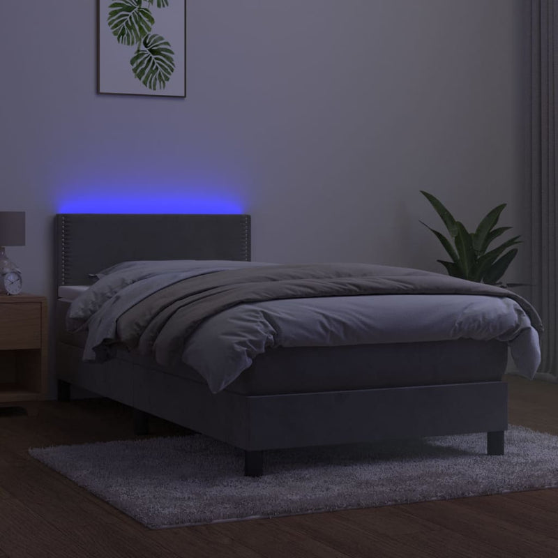 vidaXL világosszürke bársony rugós és LED-es ágy matraccal 100x200 cm