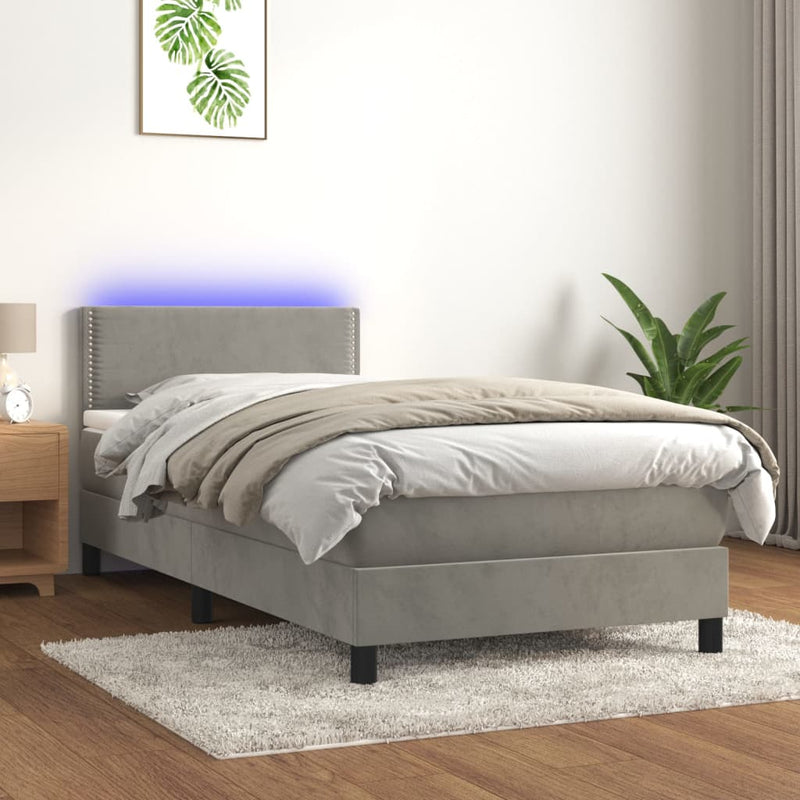 vidaXL világosszürke bársony rugós és LED-es ágy matraccal 100x200 cm