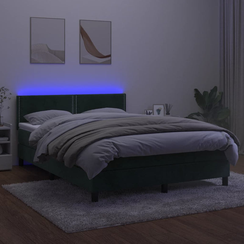 vidaXL sötétzöld bársony rugós és LED-es ágy matraccal 140x190 cm