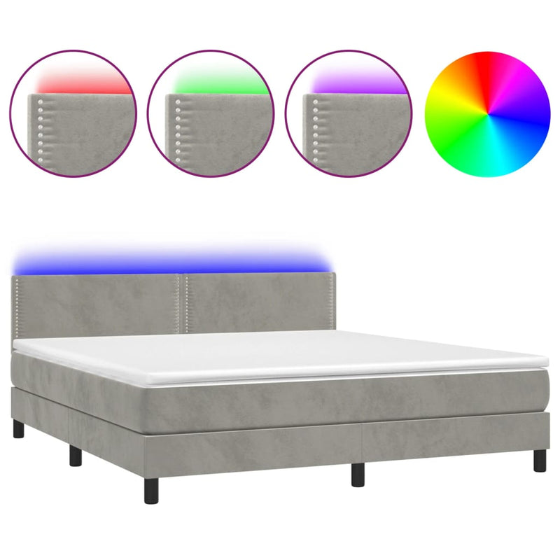 vidaXL világosszürke bársony rugós és LED-es ágy matraccal 180x200 cm