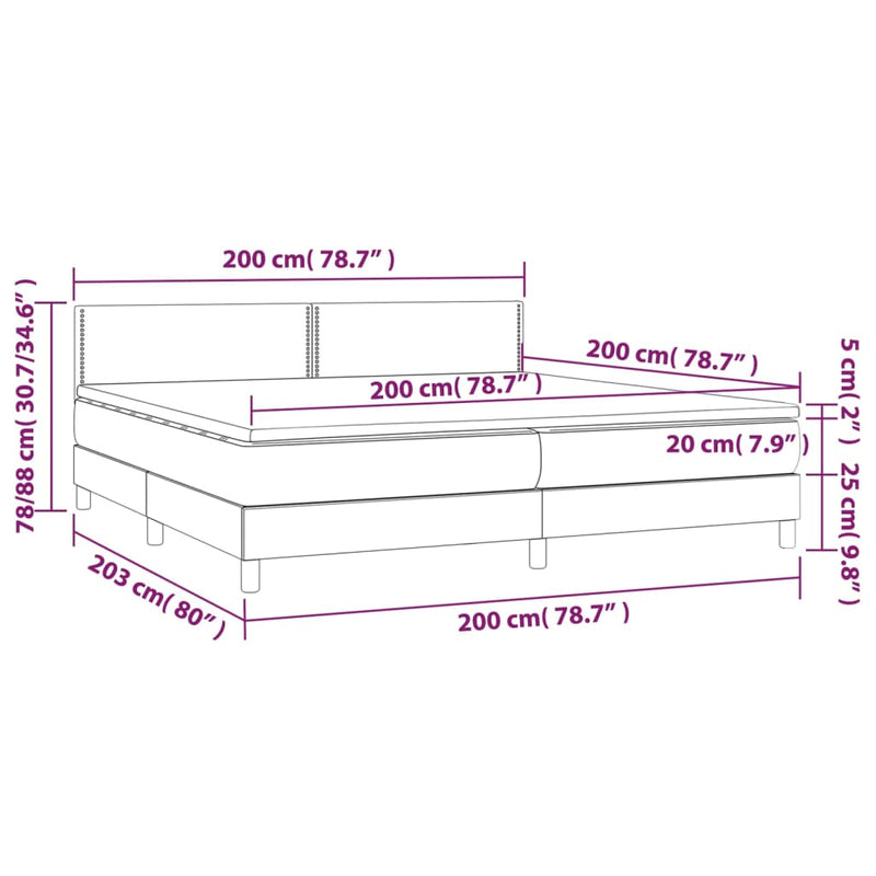 vidaXL sötétkék bársony rugós és LED-es ágy matraccal 200x200 cm