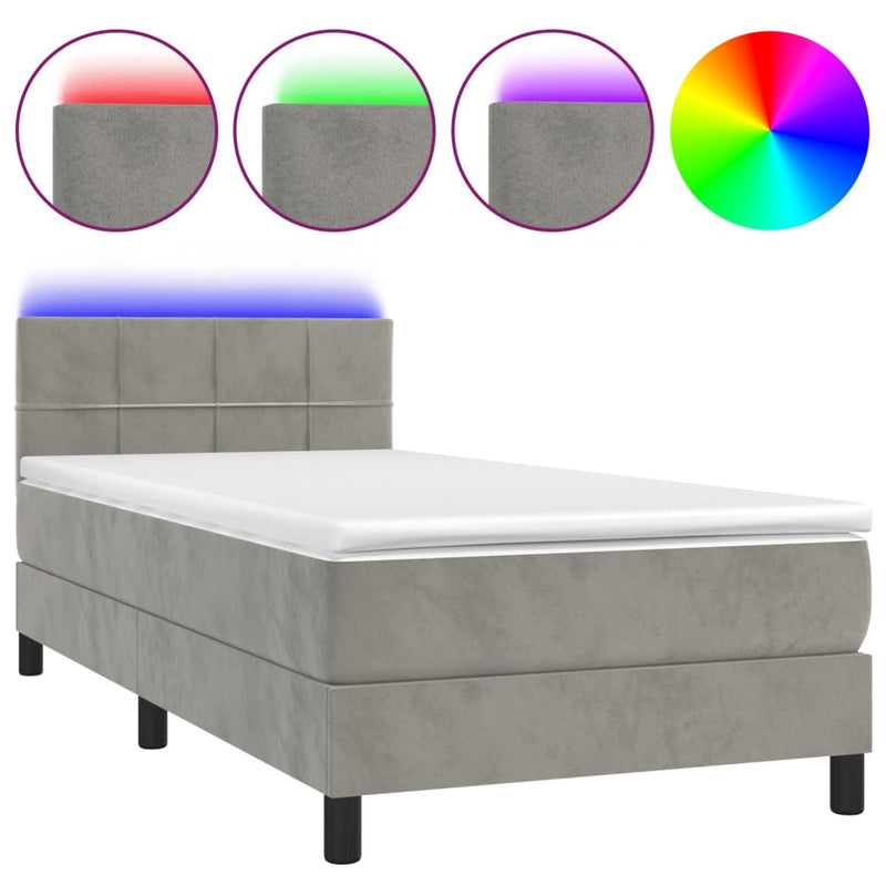 vidaXL világosszürke bársony rugós és LED-es ágy matraccal 100x200 cm