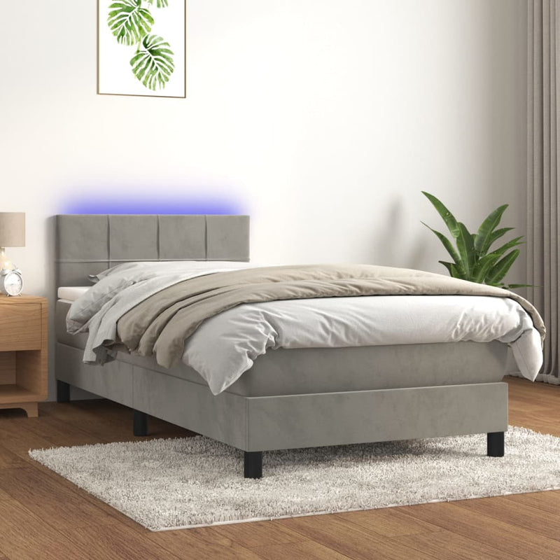 vidaXL világosszürke bársony rugós és LED-es ágy matraccal 100x200 cm