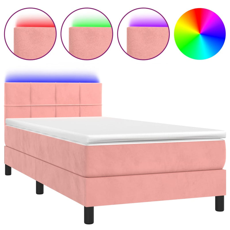 vidaXL rózsaszín bársony rugós és LED-es ágy matraccal 100x200 cm