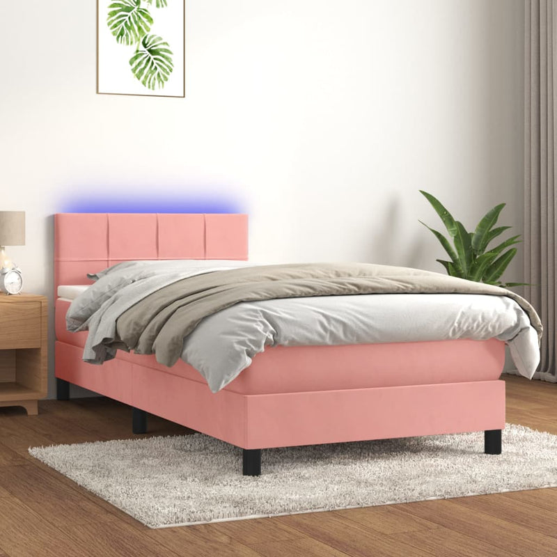 vidaXL rózsaszín bársony rugós és LED-es ágy matraccal 100x200 cm