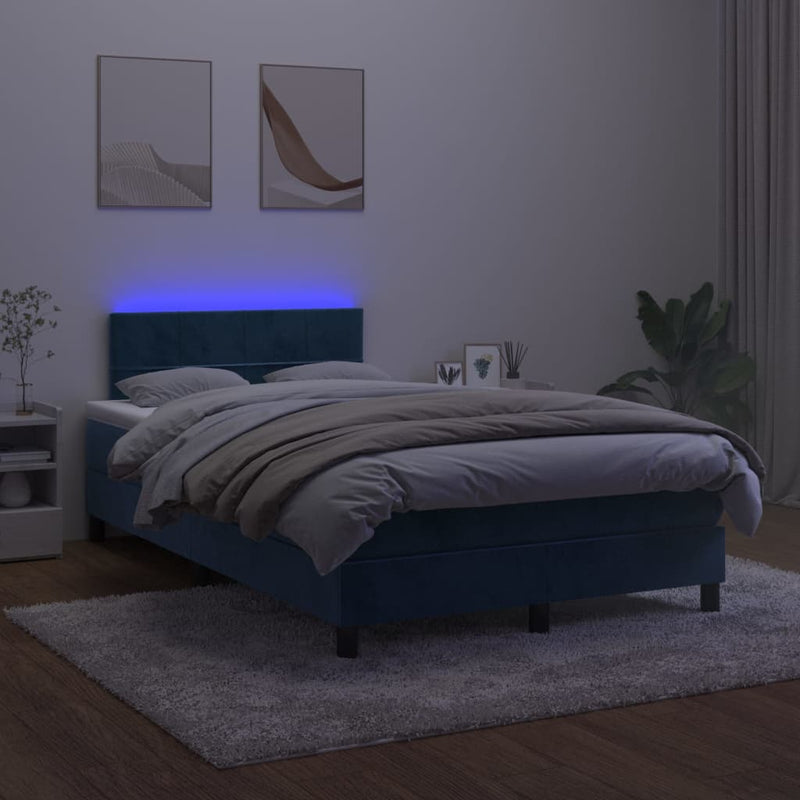 vidaXL sötétkék bársony rugós és LED-es ágy matraccal 120x200 cm