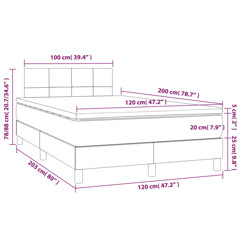 vidaXL sötétkék bársony rugós és LED-es ágy matraccal 120x200 cm