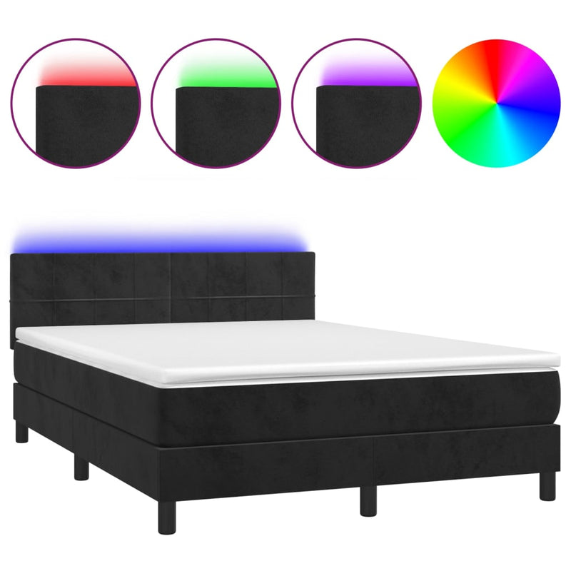 vidaXL fekete bársony rugós és LED-es ágy matraccal 140x200 cm