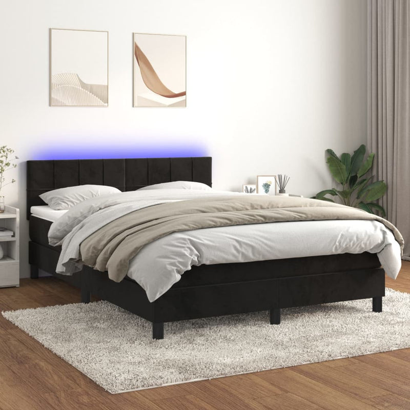 vidaXL fekete bársony rugós és LED-es ágy matraccal 140x200 cm