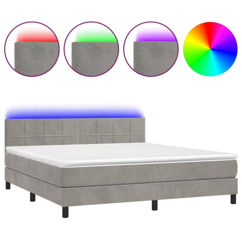 vidaXL világosszürke bársony rugós és LED-es ágy matraccal 180x200 cm