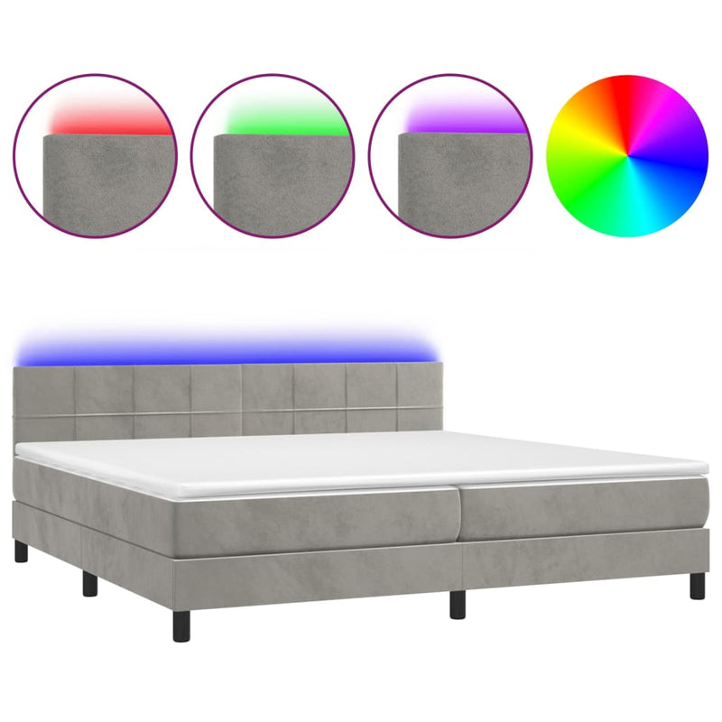 vidaXL világosszürke bársony rugós és LED-es ágy matraccal 200x200 cm