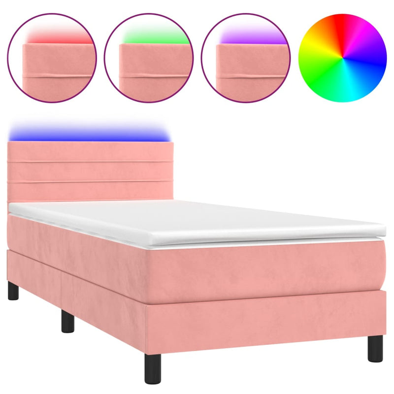 vidaXL rózsaszín bársony rugós és LED-es ágy matraccal 90x190 cm