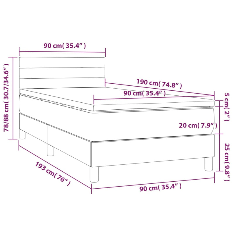 vidaXL rózsaszín bársony rugós és LED-es ágy matraccal 90x190 cm