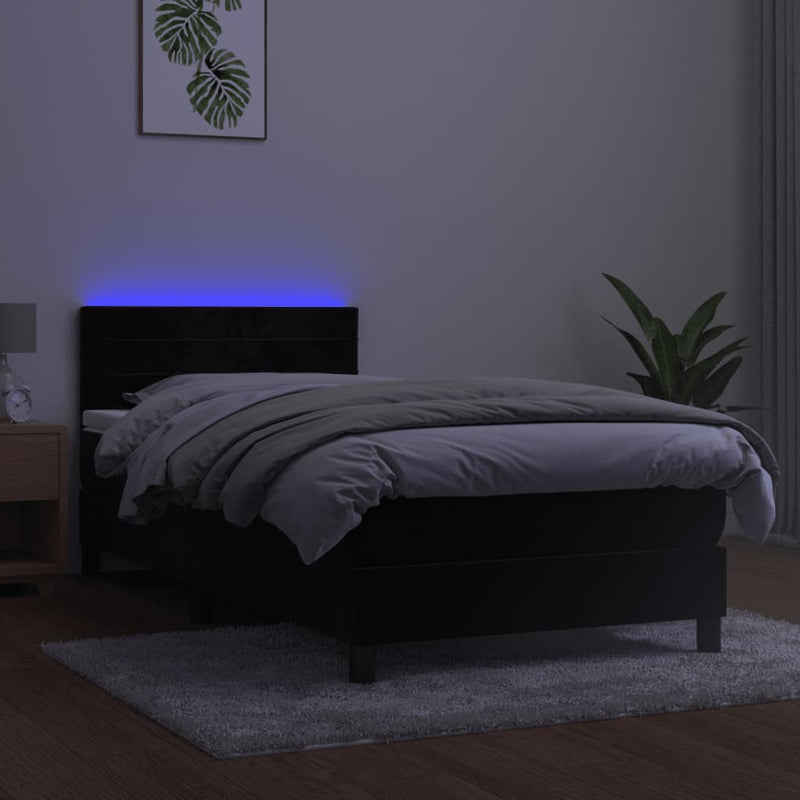 vidaXL fekete bársony rugós és LED-es ágy matraccal 90x200 cm