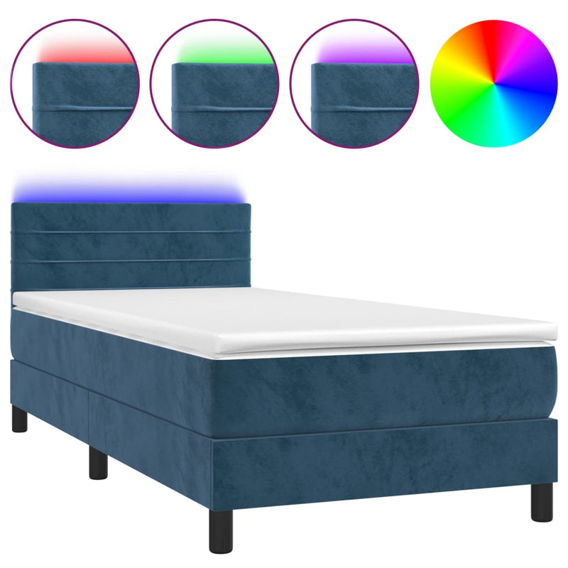 vidaXL sötétkék bársony rugós és LED-es ágy matraccal 90x200 cm