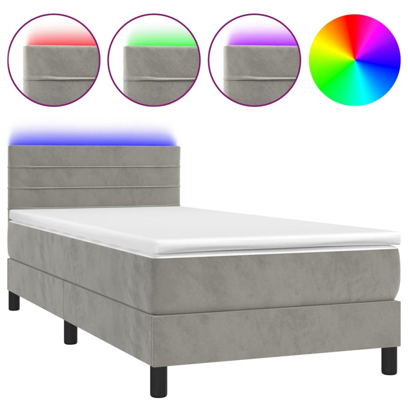 vidaXL világosszürke bársony rugós és LED-es ágy matraccal 100x200 cm