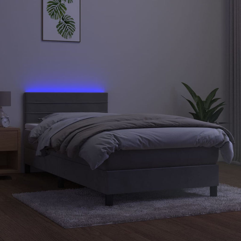 vidaXL világosszürke bársony rugós és LED-es ágy matraccal 100x200 cm