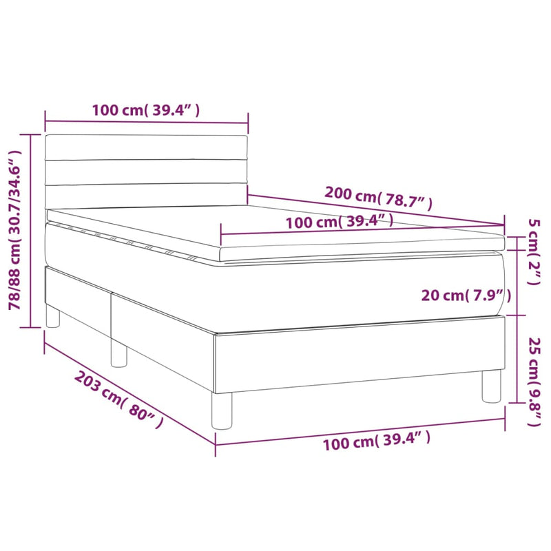 vidaXL világosszürke bársony rugós és LED-es ágy matraccal 100x200 cm