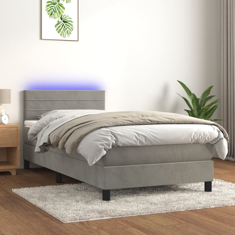 vidaXL világosszürke bársony rugós és LED-es ágy matraccal 100x200 cm