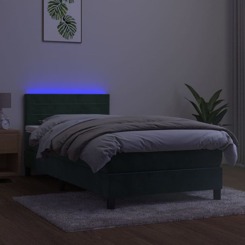 vidaXL sötétzöld bársony rugós és LED-es ágy matraccal 100x200 cm