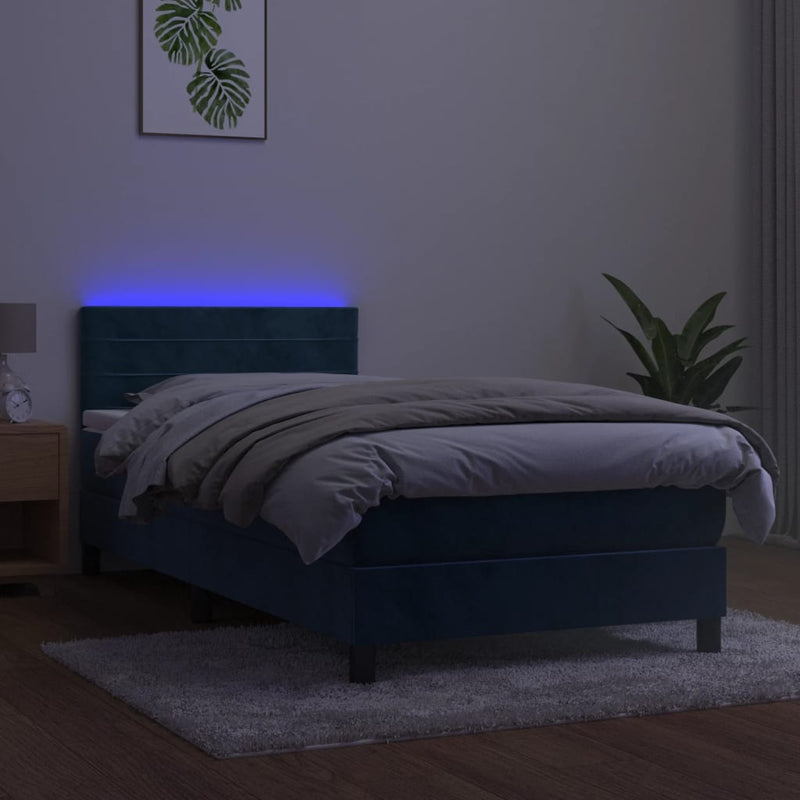 vidaXL sötétkék bársony rugós és LED-es ágy matraccal 100x200 cm