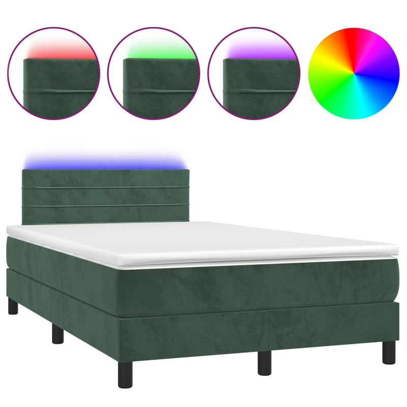 vidaXL sötétzöld bársony rugós és LED-es ágy matraccal 120x200 cm
