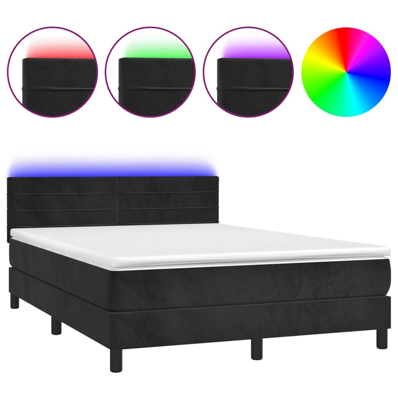vidaXL fekete bársony rugós és LED-es ágy matraccal 140x190 cm