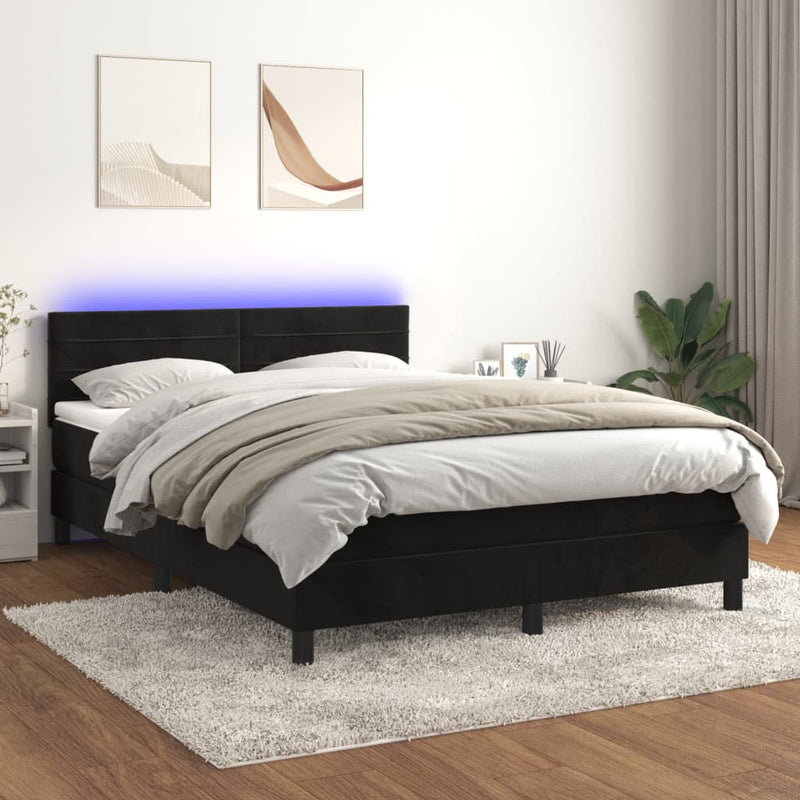 vidaXL fekete bársony rugós és LED-es ágy matraccal 140x190 cm