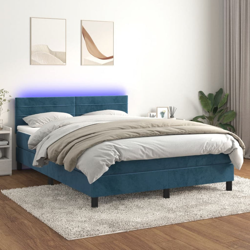 vidaXL sötétkék bársony rugós és LED-es ágy matraccal 140x190 cm