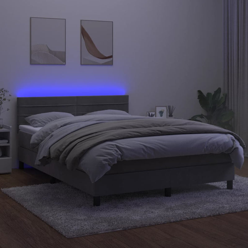 vidaXL világosszürke bársony rugós és LED-es ágy matraccal 140x200 cm