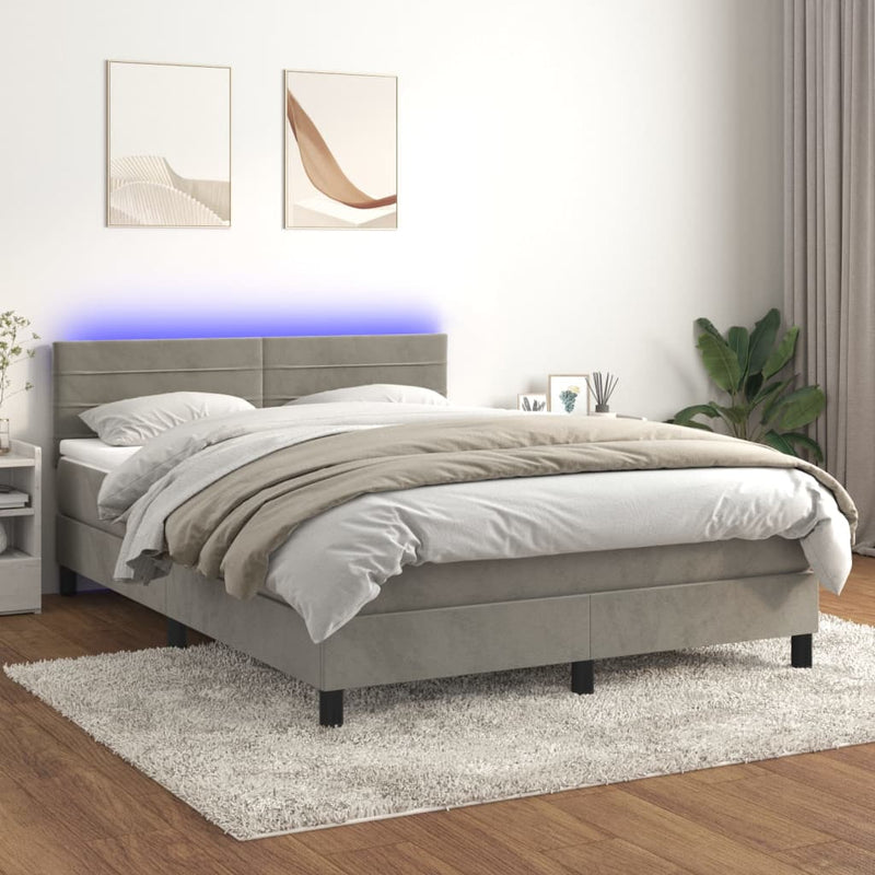 vidaXL világosszürke bársony rugós és LED-es ágy matraccal 140x200 cm